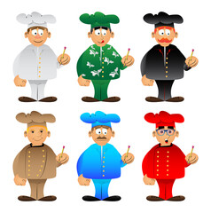 Fat male cartoon chef in uniform writing with pencil. Vector illustration.