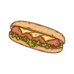 Hot dog. Hand drawn vector illustration with hot dog.