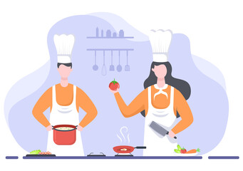 Chef Is Cooking In The Kitchen With Tray, ingredients or Different Meals. Interior Furniture And Utensils Background Landing Page Illustration