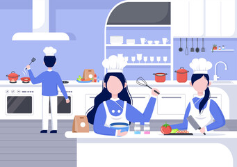 Chef Is Cooking In The Kitchen With Tray, ingredients or Different Meals. Interior Furniture And Utensils Background Landing Page Illustration