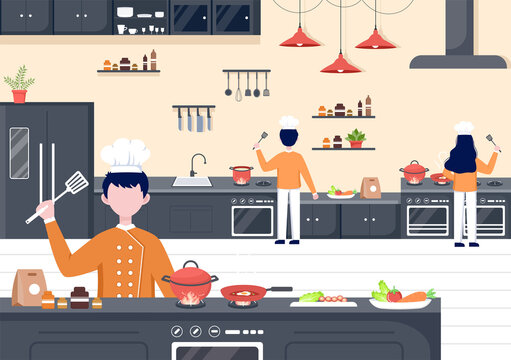 Chef Is Cooking In The Kitchen With Tray, ingredients or Different Meals. Interior Furniture And Utensils Background Landing Page Illustration