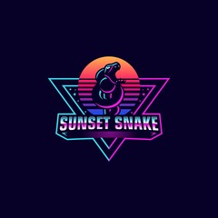 Vector Logo Illustration Sunset Snake 80s Style.
