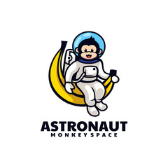 Vector Logo Illustration Monkey Astronaut Mascot Cartoon Style.