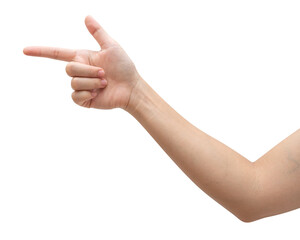 Woman hand touching or pointing to something isolated on white background.