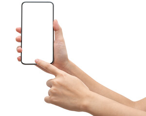 Woman hand holding phone isolated on white background.