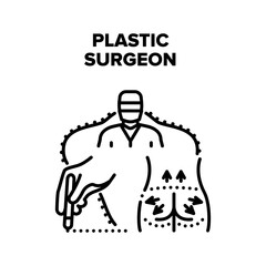 Plastic Surgeon Vector Icon Concept. Plastic Surgeon Doctor Professional Occupation For Doing Patient Body Correction. Clinic Medical Beauty Treatment, Surgery Operation Black Illustration