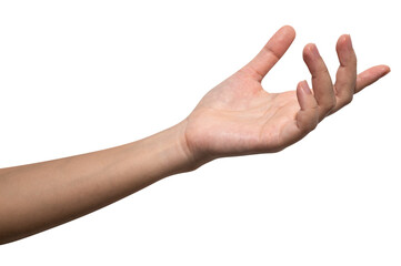 Woman hand reach and ready to help or receive. Gesture isolated on white background.