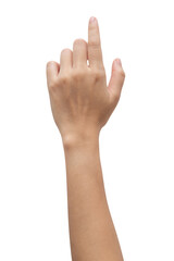 Fototapeta premium Woman hand touching or pointing to something isolated on white background.