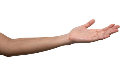 Woman hand reach and ready to help or receive. Gesture isolated on white background.