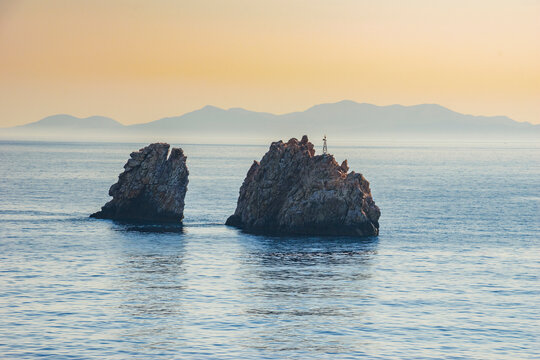 The famous ''Portes rocks'' visible rocky formation near Paros island, Cyclades, Greece