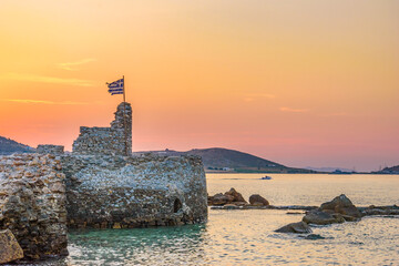 Iconic view from the picturesque old historical castle at the seaside village of Naousa in the island of Paros, Cyclades, Greece