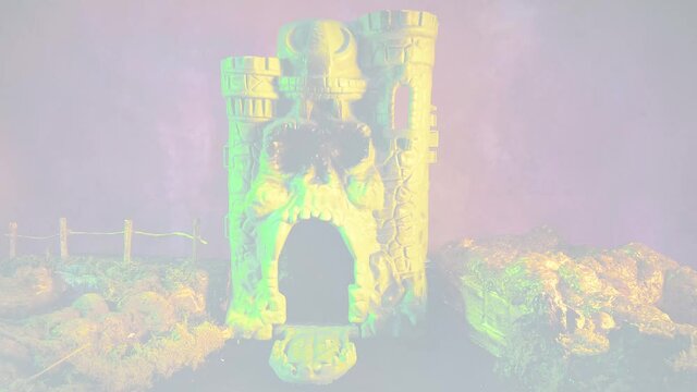 Castle GreySkull playset remake with fog and Lightning He-Man and the masters of the universe 4K close-up zoom in shot