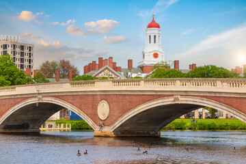 John W. Weeks vintage Bridge with clock tower over Charles River in Harvard University campus Boston