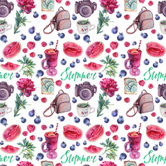 Seamless pattern summer watercolor collection. Picnic watermelon, smoothie, sandwich cucumber, camera, blueberries, raspberries, peony plants, leaves. Fruits and berries. Hand-drawn background