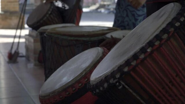 Local Performers Playing Djembe, Or African Drums, In San Pancho, Mexico. close up