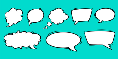Speech bubble templates for discussions and chats. Set of speech boxes isolated in green background. Handdrawn vector illustration