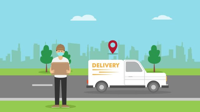 Delivery man in face mask holding package