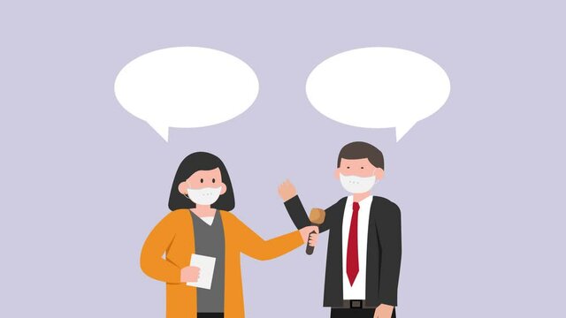 Female reporter in face mask interviews businessman