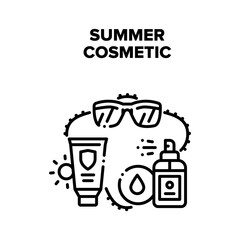 Summer Cosmetic Vector Icon Concept. Eyeglasses And Sunscreen Cream And Lotion Spray Summer Cosmetic For Protect Body Skin And Accessory For Eyes. Skincare Creamy Product Black Illustration