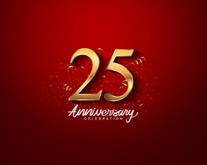 25th anniversary background with 3D number illustration golden numbers and Anniversary Celebration text with golden confetti on red background.