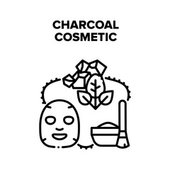 Charcoal Cosmetic Skincare Vector Icon Concept. Charcoal Cosmetic Skincare Product Facial Mask And Natural Powder With Brush Accessory. Natural Cosmetology Skin Clean Cream Black Illustration