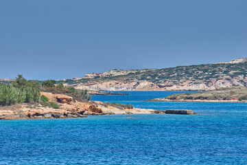 Antiparos island, Greece - June 2017: Beautiful seascape view travelling to Antiparos island as the...
