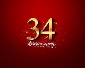 34th anniversary background with 3D number illustration golden numbers and Anniversary Celebration text with golden confetti on red background.