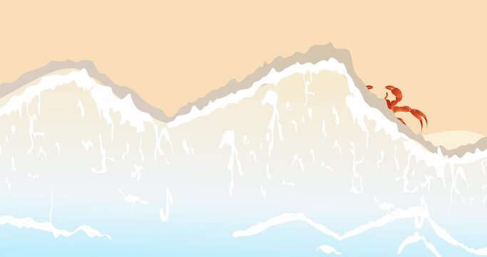 Red crabs walks in the sea shore, surf waves 2d animation cartoon footage
