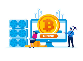 Trading and mining bitcoin flat vector illustration for banner landing page