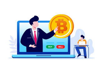 Trading and mining bitcoin flat vector illustration for banner landing page