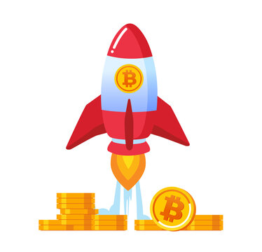 Bitcoin IPO Rocket Flat Vector Illustration Banner 