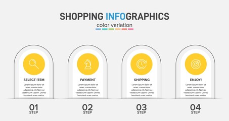 Concept of shopping process with 4 successive steps. Four colorful graphic elements. Timeline design for brochure, presentation, web site. Infographic design layout.