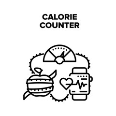 Calorie Counter Vector Icon Concept. Calorie Counter Application For Eating Healthy Dieting Food Products. Fitness Smartwatch For Monitoring Heart Beat And Health Black Illustration