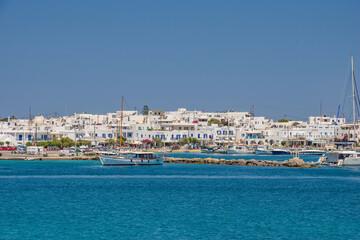 Antiparos island, Greece - June 2017: Beautiful seascape view travelling to Antiparos island as the boat approaches the port. Panoramic summer scenery in Greece at Antiparos island, Cyclades, Greece