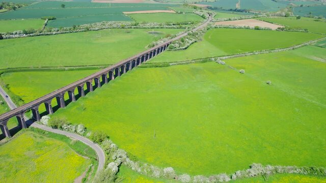 Panorama Of Welland Viaduct - Seaton Viaduct With Green Fields On A Sunny Summer Day In England, UK. - aerial