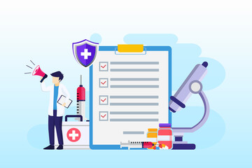 Vaccination concept Vector illustration, cure for Corona virus, time to vaccinate, doctors with syringe, vaccine bottle. Flat vector template Style Suitable for Web Landing Page, Background.