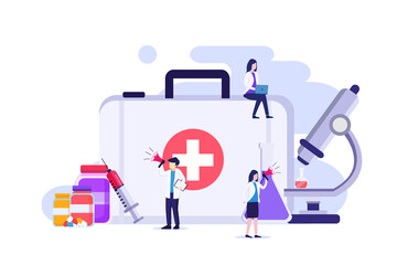 Vaccination concept Vector illustration, cure for Corona virus, time to vaccinate, doctors with syringe, vaccine bottle. Flat vector template Style Suitable for Web Landing Page, Background.