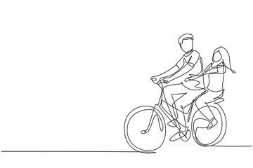 Fototapeta na wymiar Single continuous line drawing couple have fun riding on bike. Romantic cycling couple holding hands. Togetherness of young husband and wife. Dynamic one line draw graphic design vector illustration