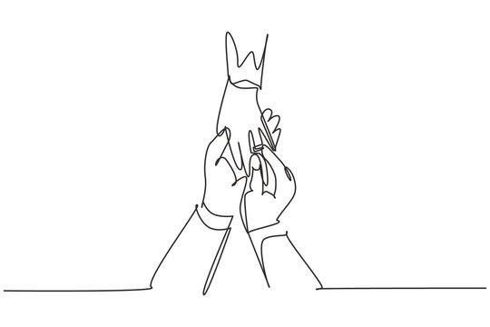 Single one line drawing man with woman hand ring. Bride and groom make vow of loyalty on their wedding day. Marriage ceremony celebration. Modern continuous line design graphic vector illustration