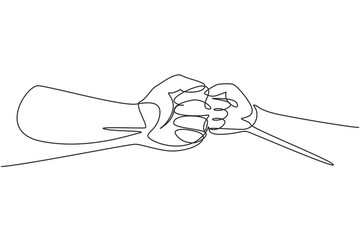 Single continuous line drawing son and father's fist touching each other. Old man and kid holding hands together. Boy have bonding with his father. One line draw graphic design vector illustration