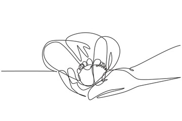 Single continuous line drawing Baby feet in mother hands. Tiny Newborn Baby's feet on female hands. Mom and her Child. Happy Family concept. Beautiful image of maternity. Dynamic one line draw graphic