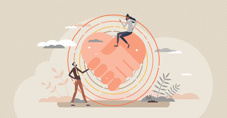 Dignity relationship with honor and respect attitude tiny person concept. Partnership esteem, support and care scene with heart shape handshake vector illustration. Trust and equality in togetherness. - obrazy, fototapety, plakaty