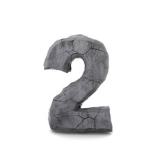 2 3D Number or Stone or Rock 3D number 2 on white background or Cracked stone
