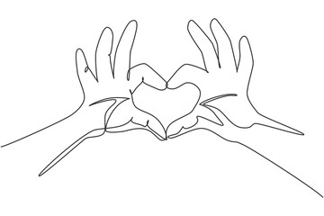 Single one line drawing hands making sign or symbol heart by fingers. Beautiful hands with copy space. Love concept with hand gestures. Modern continuous line draw design graphic vector illustration