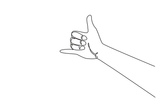 Single continuous line drawing shaka sign gesture. Hawaiian hand sign or symbol. Communication with hand gestures. Nonverbal signs or symbols. Dynamic one line draw graphic design vector illustration