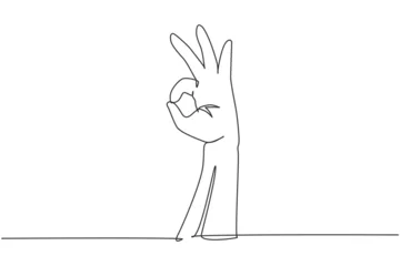 Fotobehang Een lijn Single one line drawing hand showing okay or perfect gesture. Number three hand count. Learn to count numbers. Nonverbal signs or symbols. Modern continuous line design graphic vector illustration