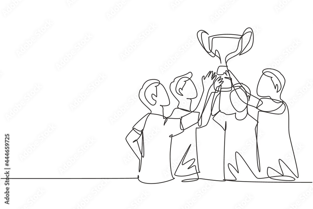 Wall mural Single one line drawing male athlete team in sports jersey holding golden trophy together. Celebrating victory of international championship. Continuous line draw design graphic vector illustration