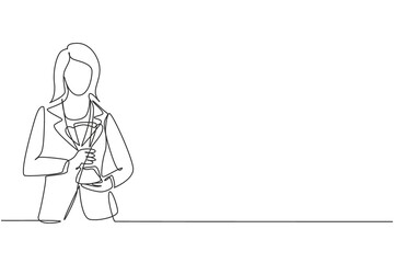 Continuous one line drawing young businesswoman wearing blazer holding golden trophy with both hands. Symbol of achievement business performance. Single line draw design vector graphic illustration
