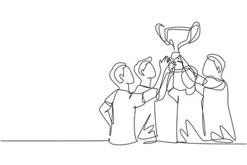 Single one line drawing male athlete team in sports jersey holding golden trophy together. Celebrating victory of international championship. Continuous line draw design graphic vector illustration - obrazy, fototapety, plakaty