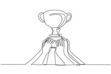 Continuous one line drawing golden trophy held by many hands. Symbol of winning championships, matches and sports competitions. Best achievement. Single line draw design vector graphic illustration